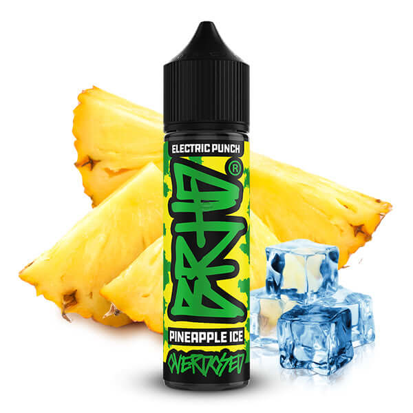 BRHD Electric Punch Pineapple Ice Aroma 10ml bottle with fresh pineapple and ice cubes background.