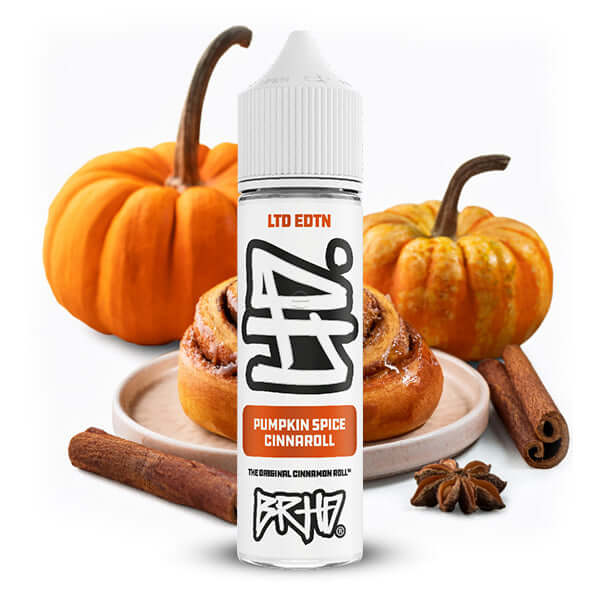 BRHD LTD EDTN Pumpkin Spice Cinnaroll Aroma 10ml with pumpkins and cinnamon sticks, perfect for a festive vape experience.