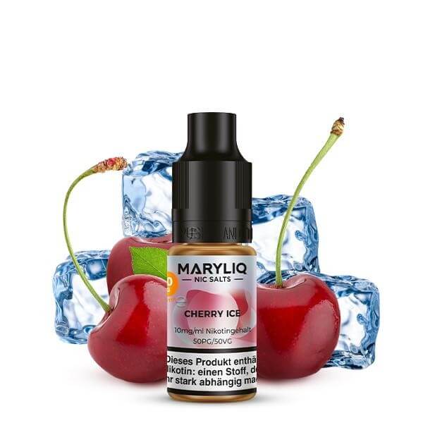 MARYLIQ Cherry Ice Nikotinsalz Liquid with fresh cherries and ice cubes, offering a fruity and refreshing vaping experience.