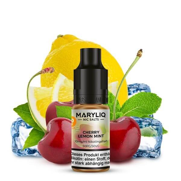 MARYLIQ Cherry Lemon Mint Nikotinsalz Liquid featuring cherries, lemon, mint, and ice cubes.