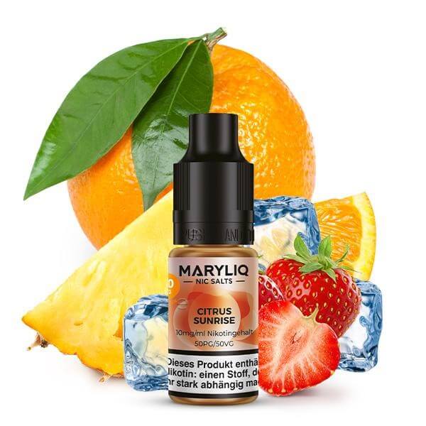 MARYLIQ Citrus Sunrise Nikotinsalz liquid with citrus fruits and ice cubes for a refreshing vape experience.