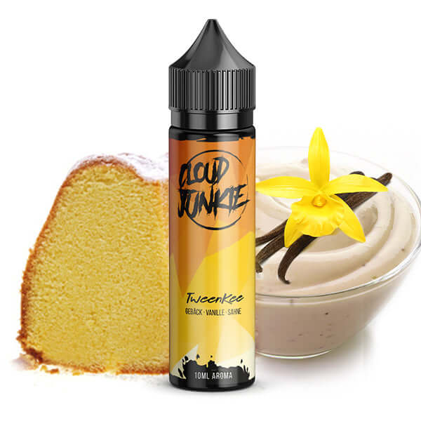 CloudJunkie TweenKee Aroma 10ml with cake, vanilla cream, and floral garnish, showcasing delightful flavor notes.