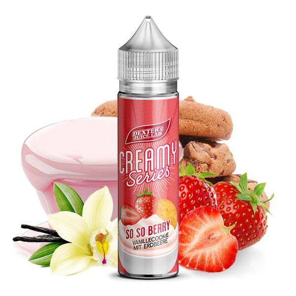 DEXTER'S JUICE So So Berry 10ml bottle with vanilla cookies and strawberries, showcasing a creamy vape experience.