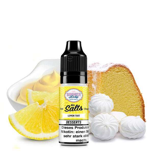 Dinner Lady Lemon Tart Nikotinsalz Liquid with lemon, cake, and meringue in a vibrant dessert display.