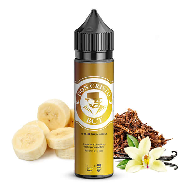 DON CRISTO BCT Aroma 10 ml bottle with banana slices, tobacco leaves, and vanilla flowers.