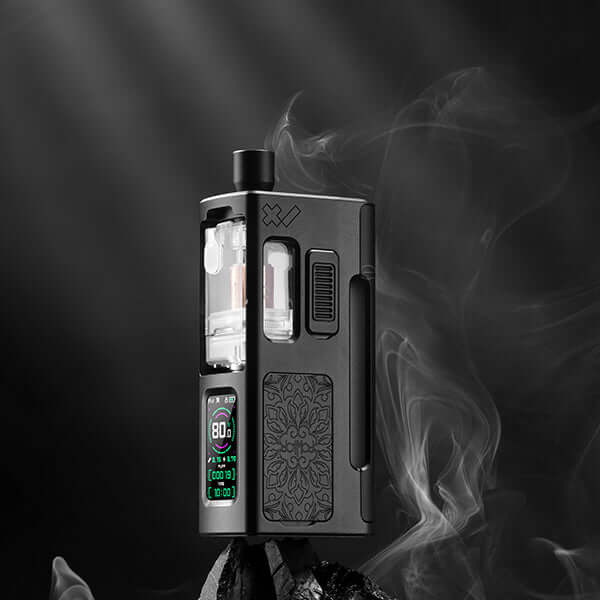 DotMod dotApollo Kit in black with digital display, showcasing elegant AIO design and smoke effects.