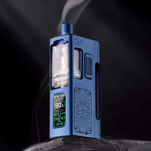 DotMod dotApollo Kit in blue with digital display and sleek design, emitting vapor, showcasing elegance and innovation.