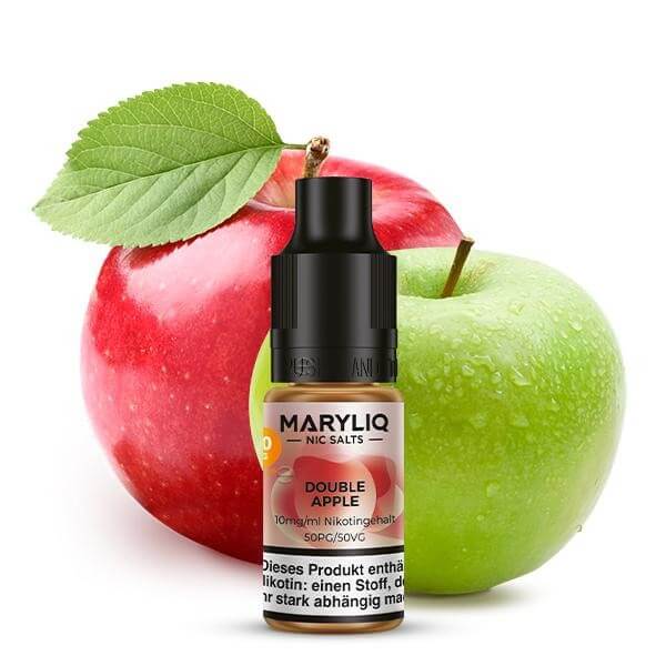 MARYLIQ Double Apple Nikotinsalz Liquid next to red and green apples, showcasing fruity flavors.