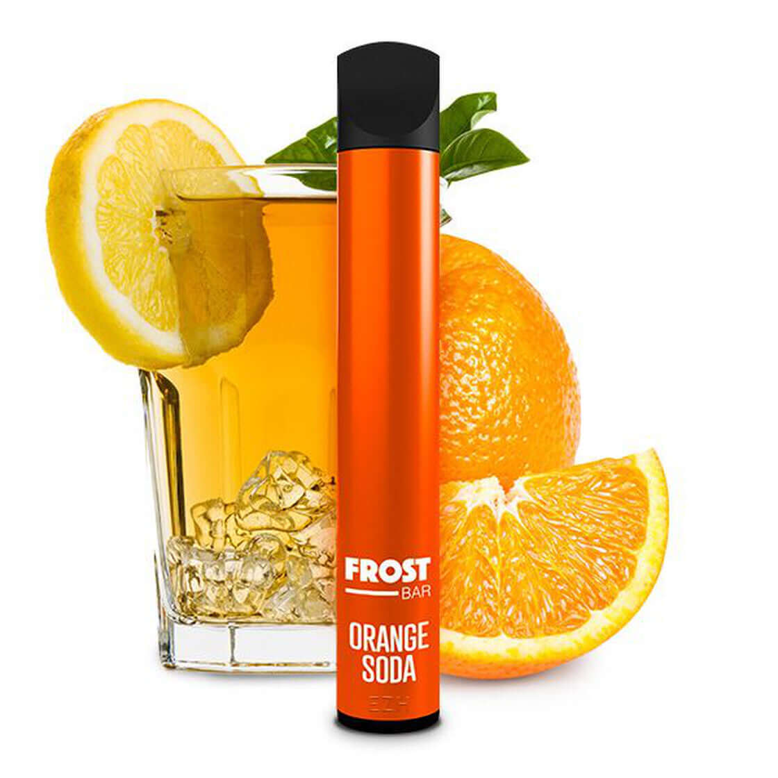Dr. Frost BAR disposable e-cigarette with orange soda drink and fresh oranges, featuring a modern pen-style design.