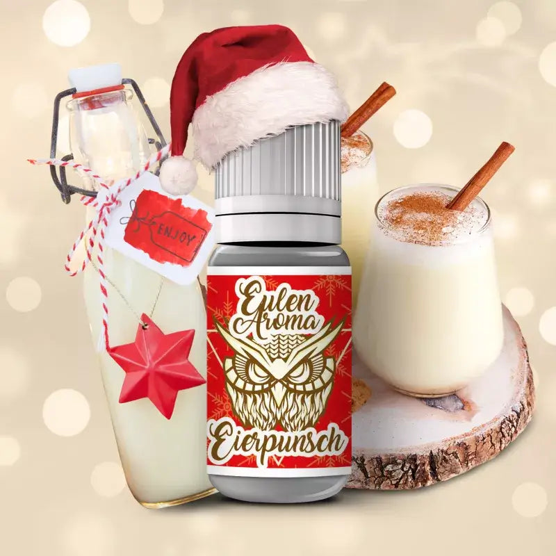 OWL SALT Eierpunsch liquid in a festive setting with eggnog and decorations for a cozy holiday vaping experience.