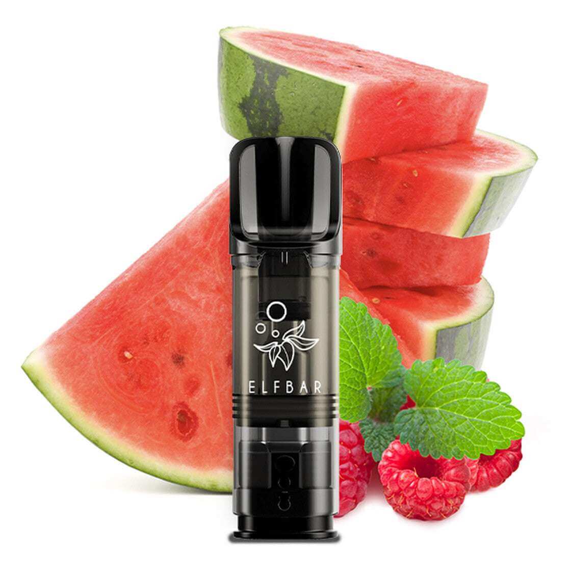 Elfbar ELFA vape with watermelon and raspberry slices, showcasing sustainable and flavorful vaping.