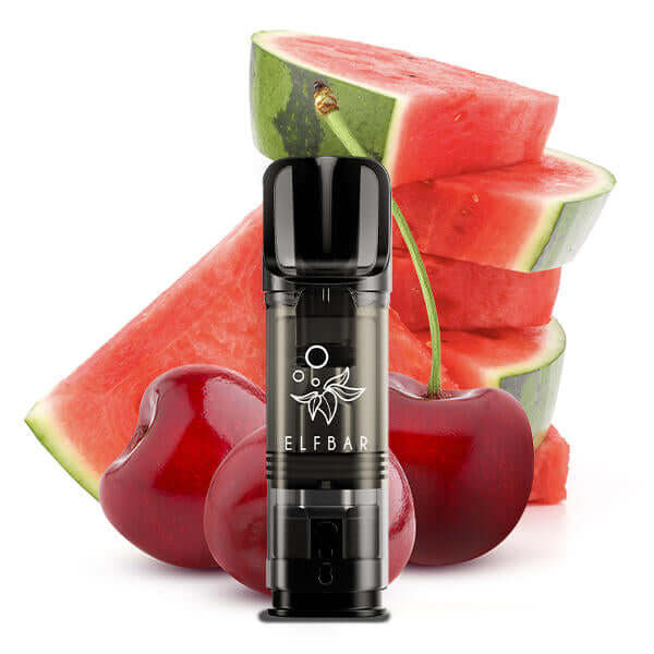 Elfbar ELFA vape device in front of watermelon slices and cherries, showcasing fruit flavors.