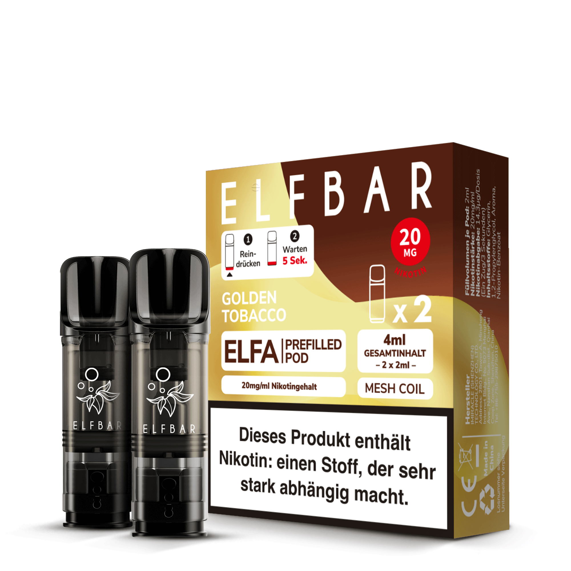 Elfbar ELFA Prefilled Pods in Golden Tobacco flavor, 20mg/ml nicotine, two-pack, designed for reusable vape systems.