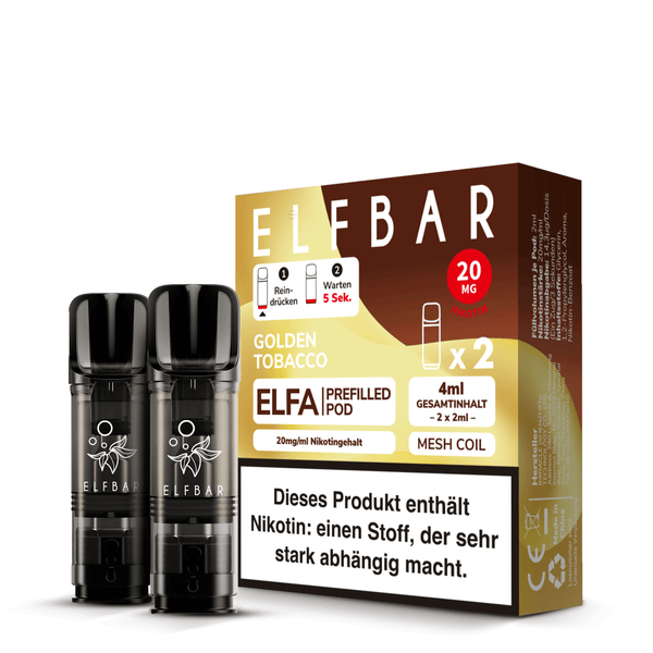 Elfbar ELFA Prefilled Pods in Golden Tobacco flavor, 20mg/ml nicotine, two-pack, designed for reusable vape systems.
