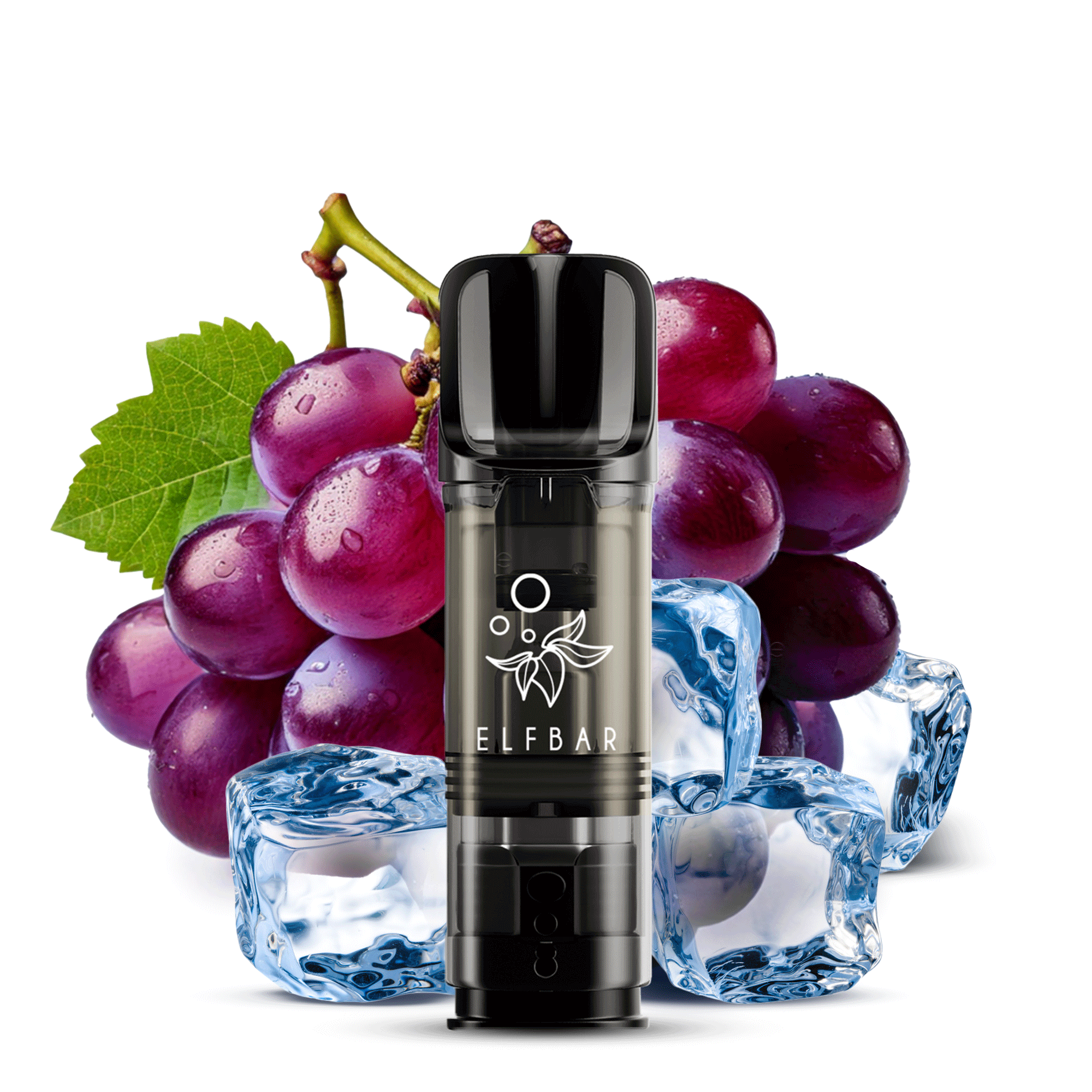 Elfbar ELFA Vape device with grape and ice background, showcasing a flavorful vaping experience.