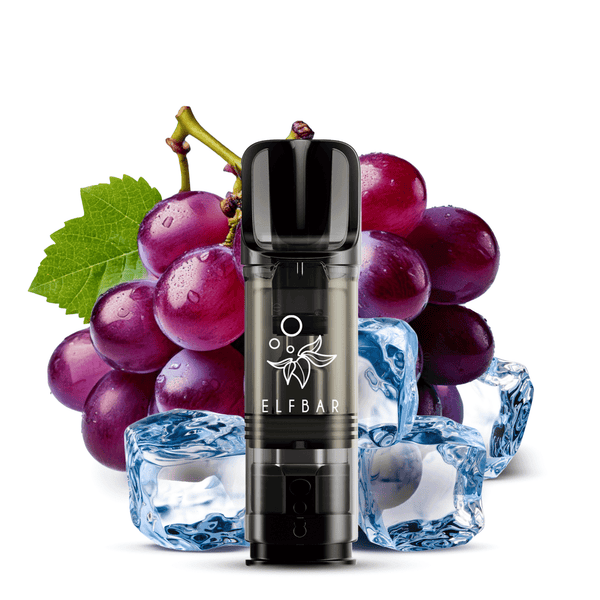 Elfbar ELFA Vape device with grape and ice background, showcasing a flavorful vaping experience.