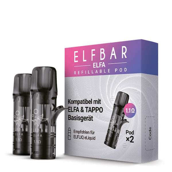 Elfbar ELFA refillable pods package with two pods, compatible with ELFA and TAPPO devices.