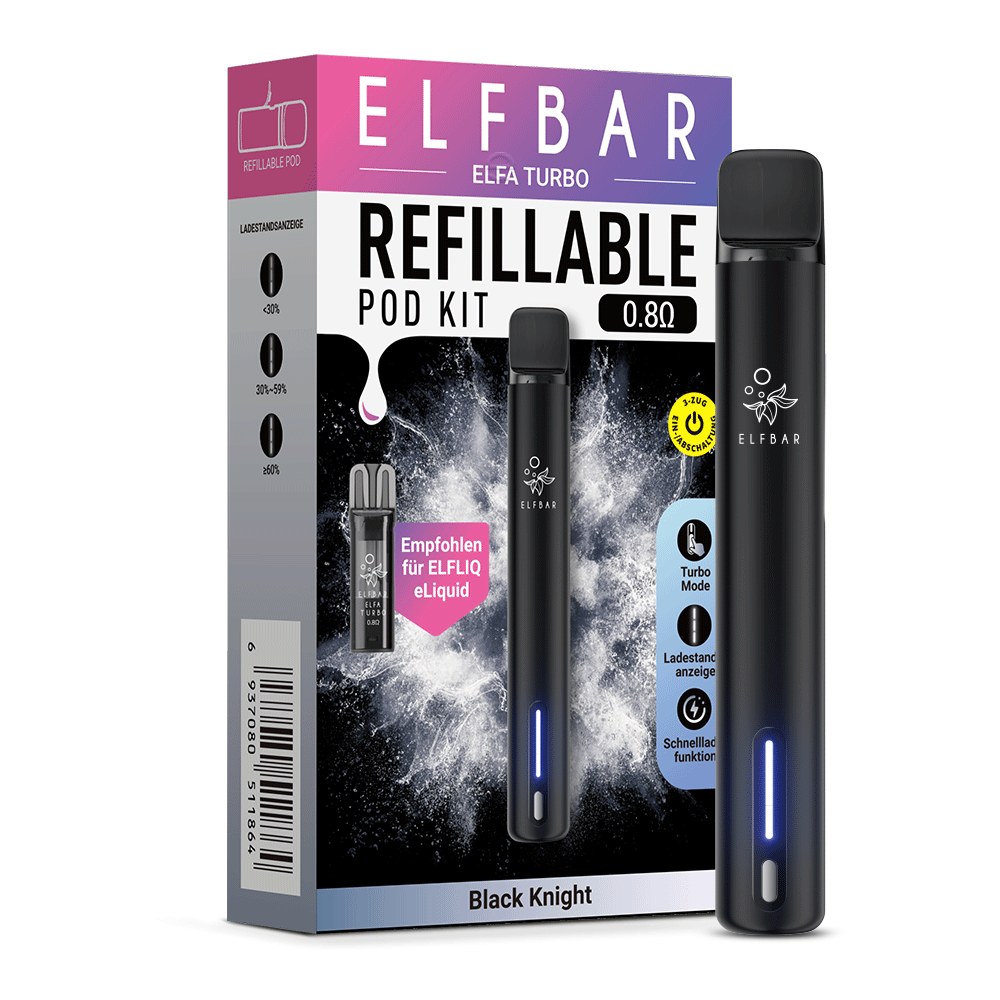 Elfbar Elfa Turbo E-Zigarette in Schwarz, nachfüllbares Pod-System, 0,8 Ohm, innovative Dampferlösung.