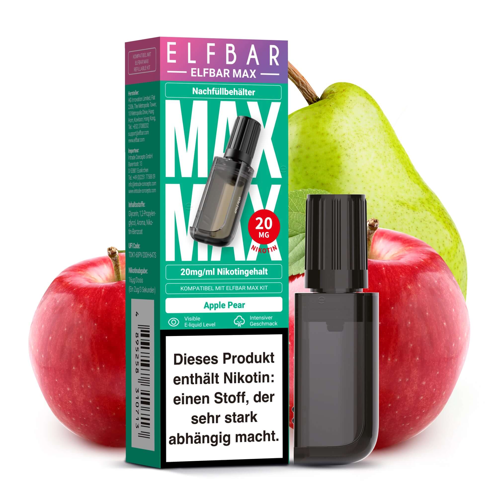 Elfbar Max Nachfüllbehälter mit 10 ml Apfel-Pear Nikotinsalz Liquid, 20 mg/ml für intensives Dampferlebnis.