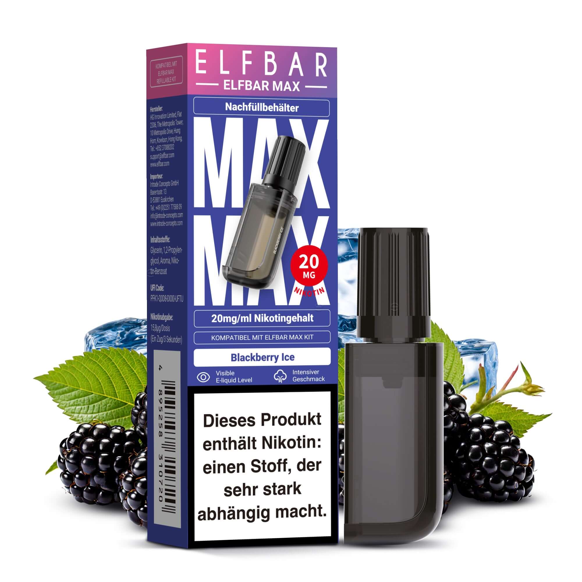 Elfbar Max Nachfüllbehälter mit Blackberry Ice, 10 ml Nikotinsalz Liquid, 20 mg/ml, für intensives Dampferlebnis.