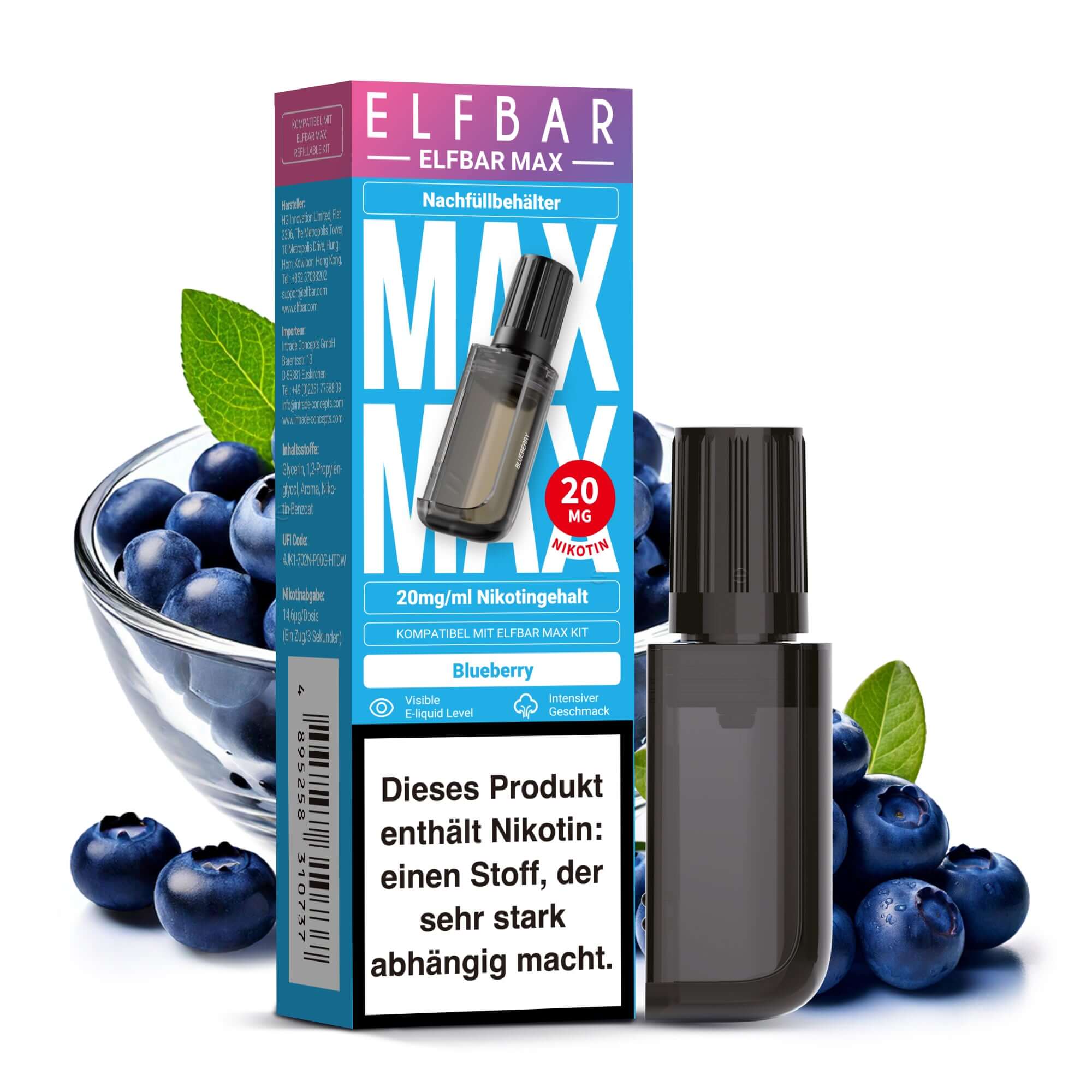 Elfbar Max Nachfüllbehälter mit 10 ml Blueberry Nikotinsalz Liquid für intensives Dampferlebnis.