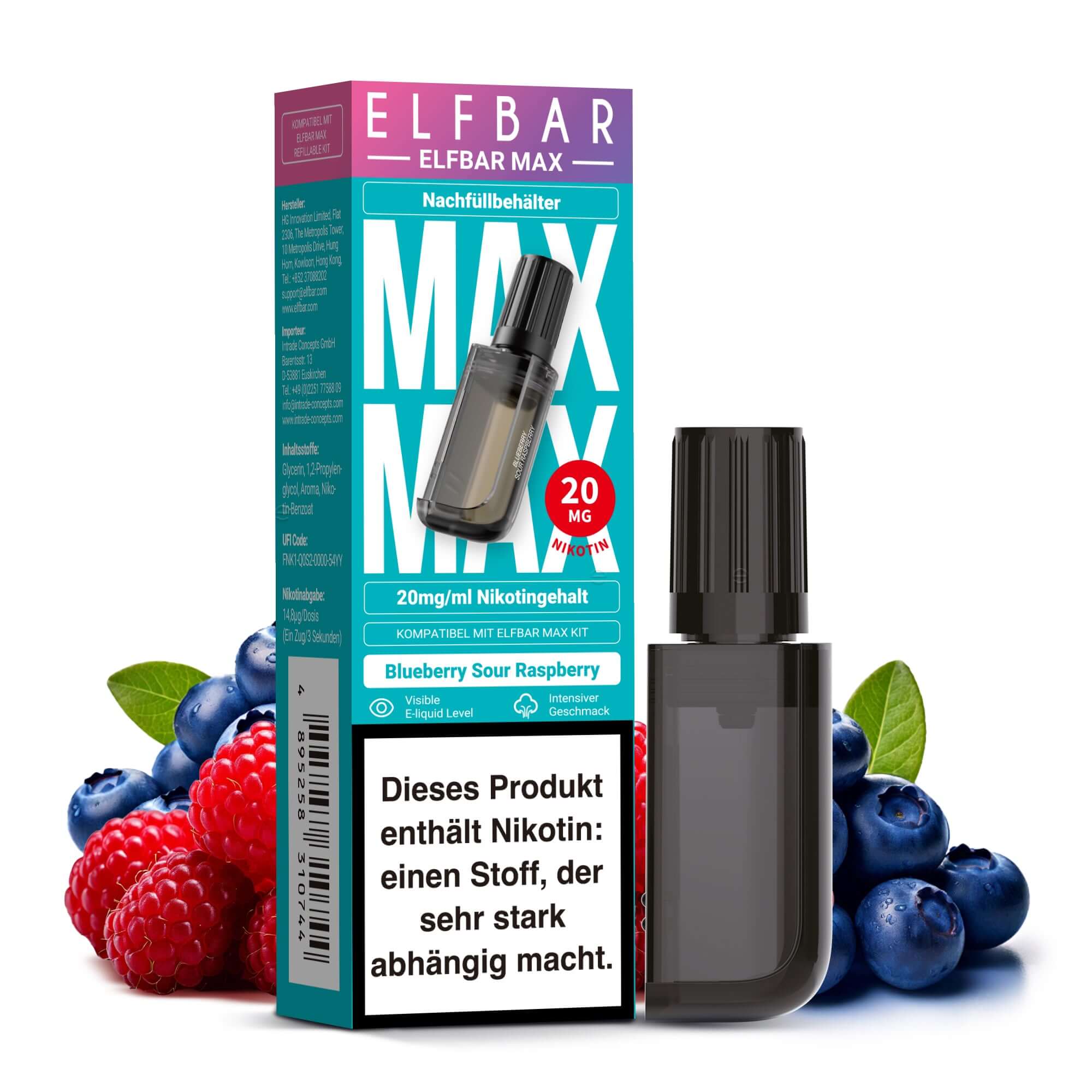 Elfbar Max Nachfüllbehälter mit 10 ml Blueberry Sour Raspberry Nikotinsalz Liquid, 20 mg/ml.