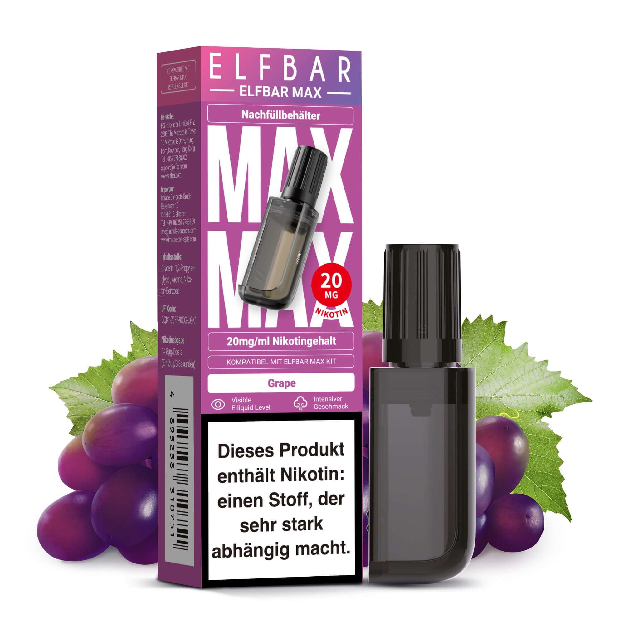 Elfbar Max Nachfüllbehälter, 10 ml Nikotinsalz-Liquid mit 20 mg/ml, Geschmacksrichtung Traube.