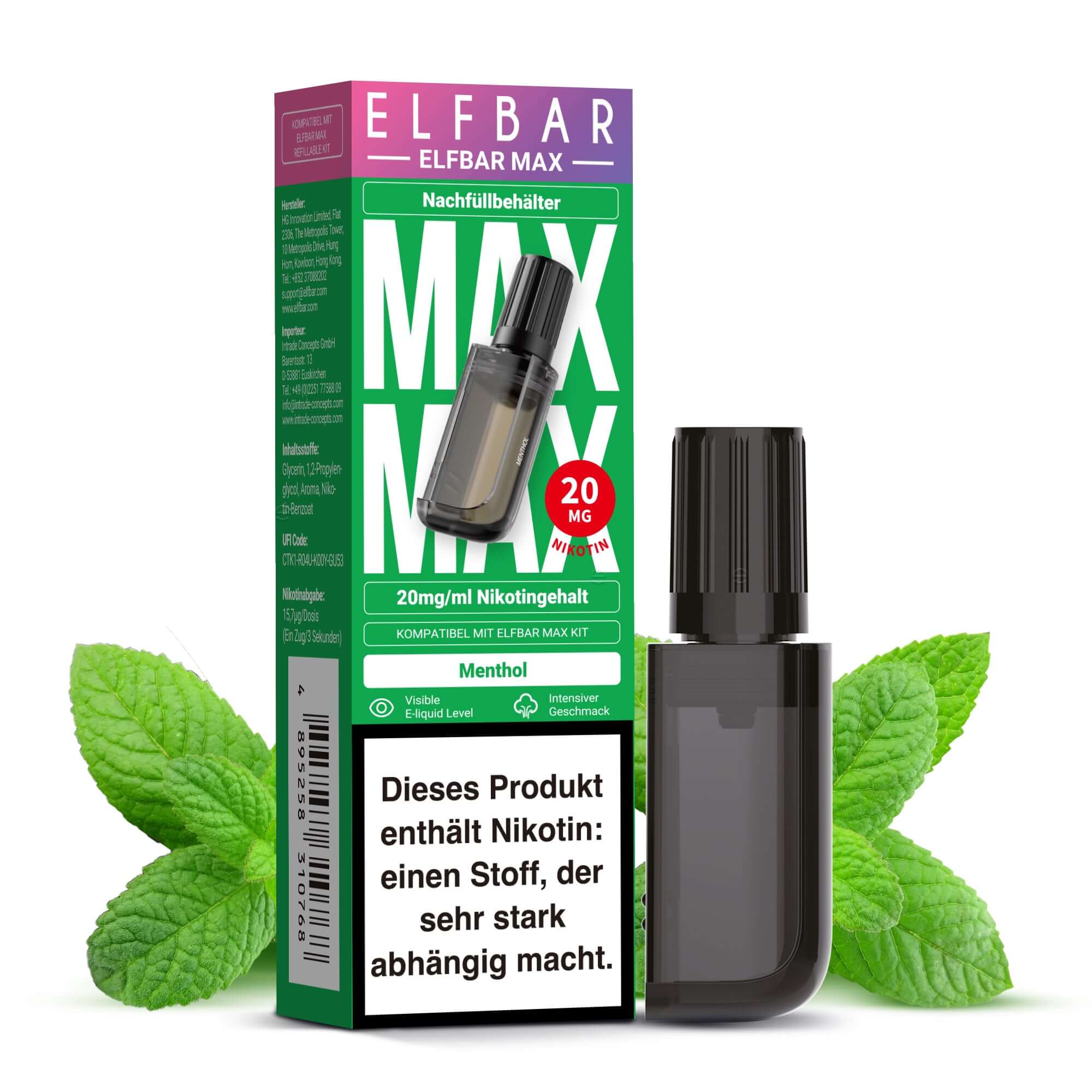 Elfbar Max Nachfüllbehälter mit 10 ml Nikotinsalz Liquid, 20 mg/ml Mentholgeschmack, für intensives Dampferlebnis.