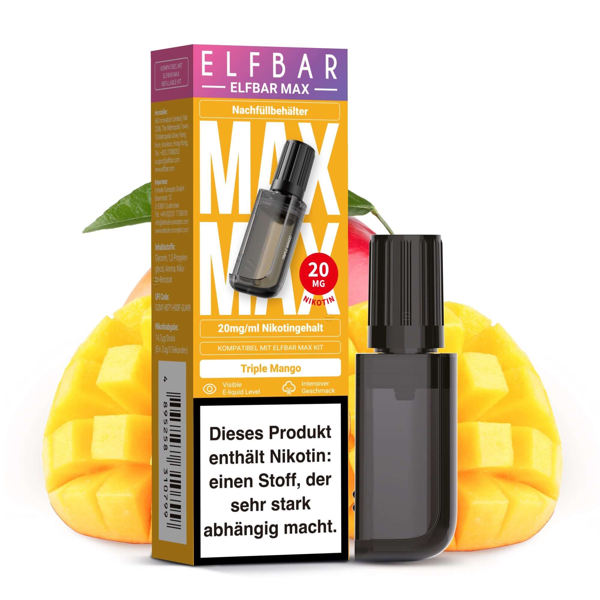 Elfbar Max Nachfüllbehälter mit 10 ml Triple Mango Nikotinsalz Liquid, 20 mg/ml, für intensives Dampfen.