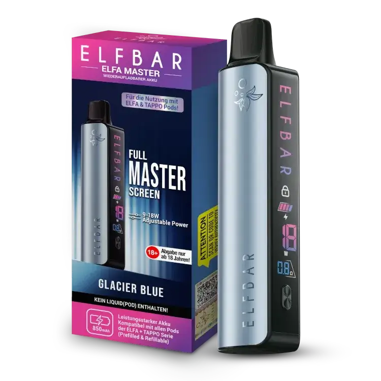 Elfbar Elfa Master Akku 850 mAh in Glacier Blue with adjustable power for enhanced vaping experience.