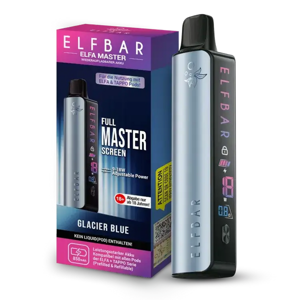 Elfbar Elfa Master Akku 850 mAh in Glacier Blue with adjustable power for enhanced vaping experience.