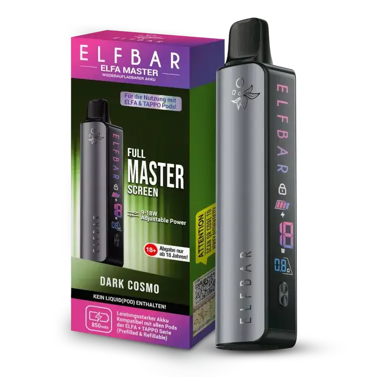 Elfbar Elfa Master Akku 850 mAh with adjustable power, displayed with packaging. Perfect for enhanced vaping experience.