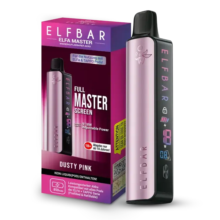 Elfbar Elfa Master Akku 850 mAh in Dusty Pink with adjustable power and full screen display for vaping