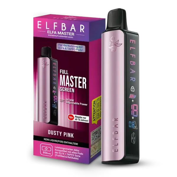 Elfbar Elfa Master Akku 850 mAh in Dusty Pink with adjustable power and full screen display for vaping