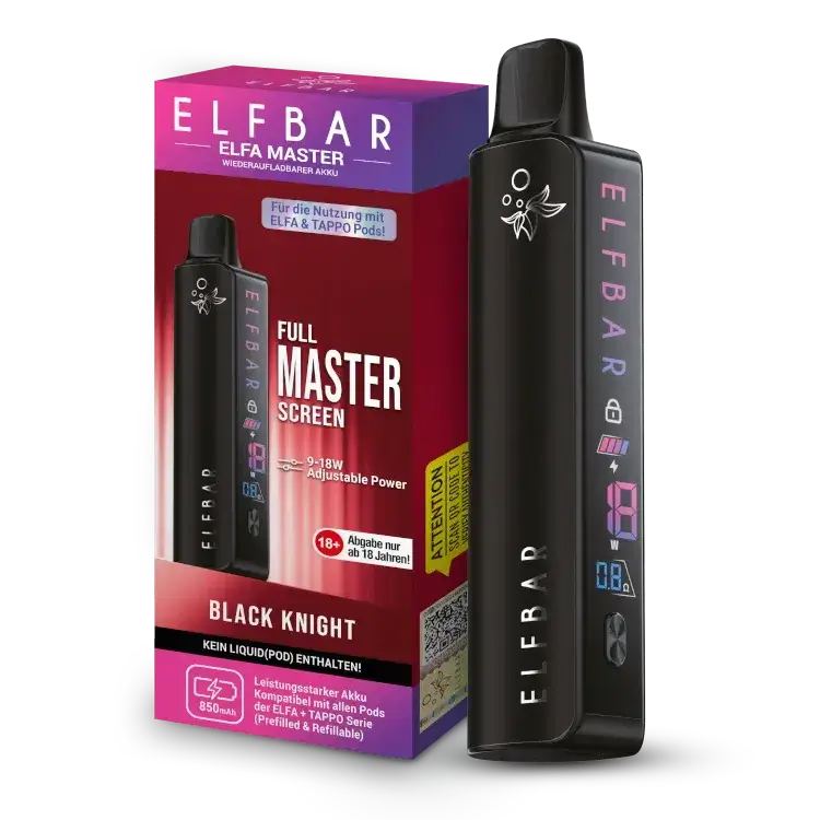 Elfbar Elfa Master Akku 850 mAh in Black Knight with adjustable power for enhanced vaping experience.