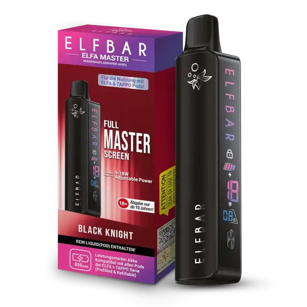 Elfbar Elfa Master Akku 850 mAh in Black Knight with adjustable power for enhanced vaping experience.