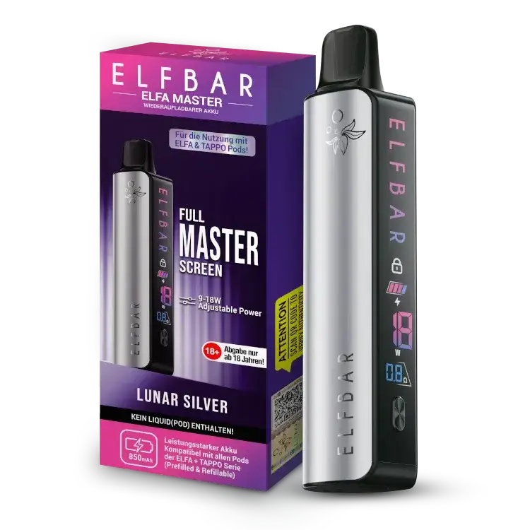Elfbar Elfa Master Akku 850 mAh in Lunar Silver with adjustable power and full display.