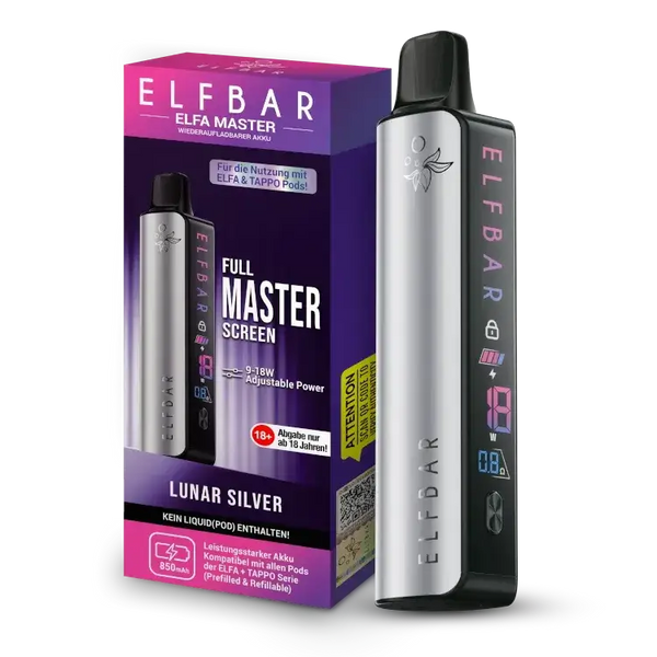 Elfbar Elfa Master Akku 850 mAh in Lunar Silver with adjustable power and full display.