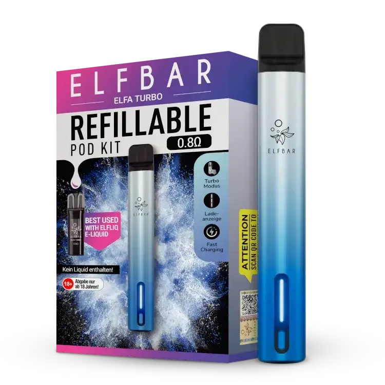 Elfbar Elfa Turbo refillable E-Zigarette kit with 0.8 Ohm head and colorful packaging.