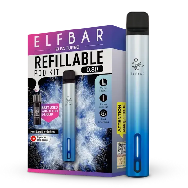 Elfbar Elfa Turbo refillable E-Zigarette kit with 0.8 Ohm head and colorful packaging.