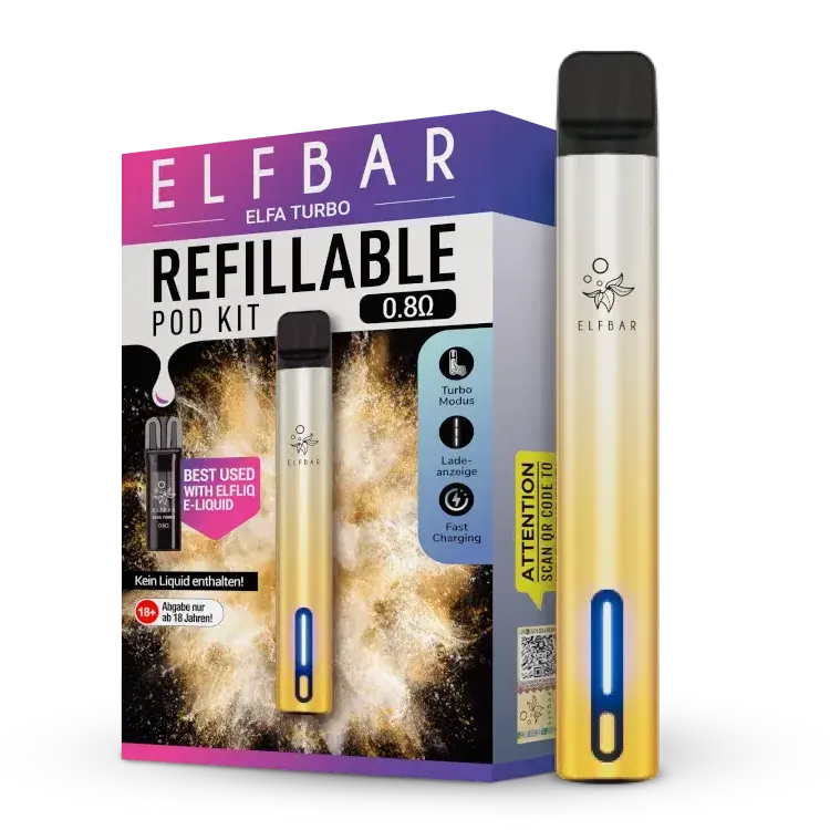 Elfbar Elfa Turbo Refillable E-Zigarette Pod Kit with 0.80 Ohm Head and vibrant packaging.