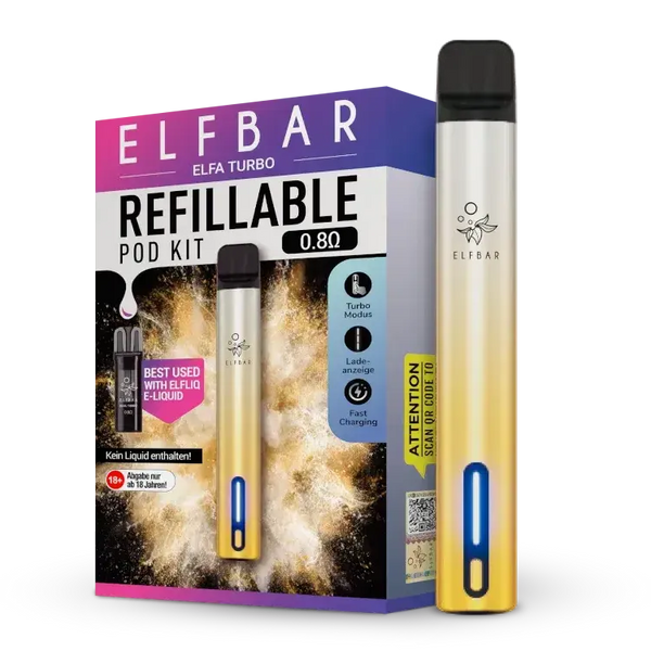 Elfbar Elfa Turbo Refillable E-Zigarette Pod Kit with 0.80 Ohm Head and vibrant packaging.