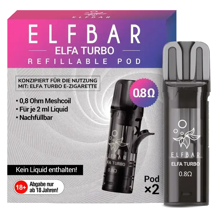 Elfbar ELFA Turbo Refillable Pod, 0.8 Ohm, für 2 ml Liquid, zwei Pods im Paket, hochwertige E-Zigaretten-Zubehör.