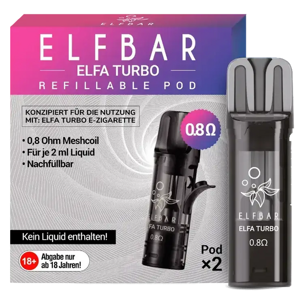 Elfbar ELFA Turbo Refillable Pod, 0.8 Ohm, für 2 ml Liquid, zwei Pods im Paket, hochwertige E-Zigaretten-Zubehör.