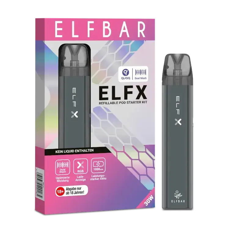 Elfbar Elfx E-Zigarette Starter Kit with 1000 mAh battery and colorful packaging, designed for vapers.