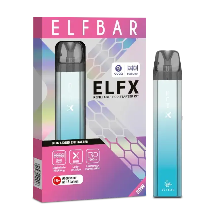 Elfbar Elfx E-Zigarette Set with 1000 mAh Akku and 2x 2 ml Pods for a premium vaping experience.