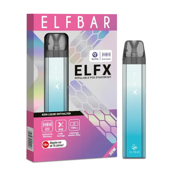 Elfbar Elfx E-Zigarette Set with 1000 mAh Akku and 2x 2 ml Pods for a premium vaping experience.