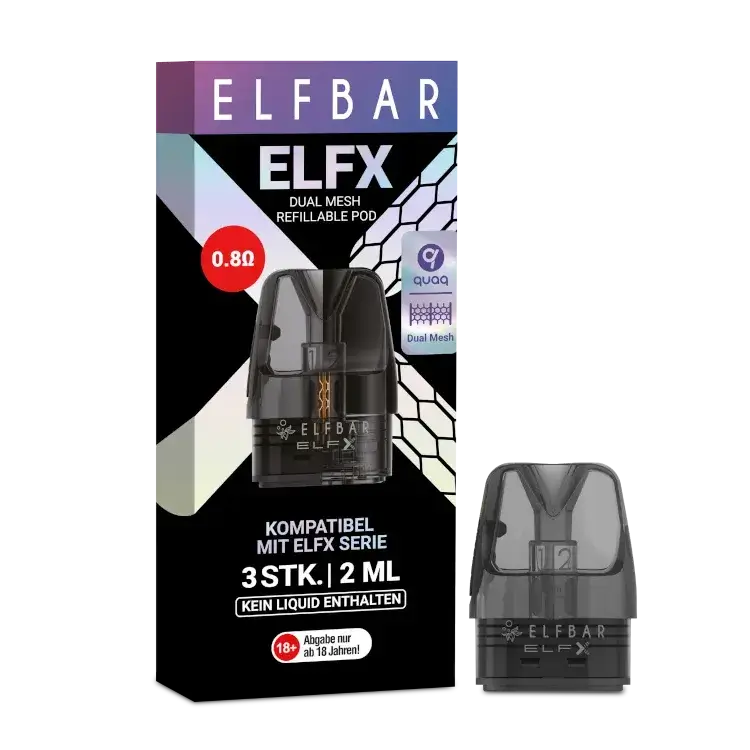 Elfbar ELFX Dual Mesh Refillable Pods, 0.80 Ohm, pack of 3, compatible with ELFX series, 2ml capacity.