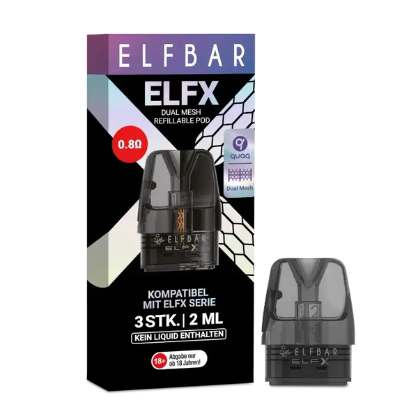 Elfbar ELFX Dual Mesh Refillable Pods, 0.80 Ohm, pack of 3, compatible with ELFX series, 2ml capacity.