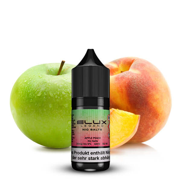 Elux Nikotinsalz Liquid in 10ml bottle with apple and peach, offering intense fruity flavor.